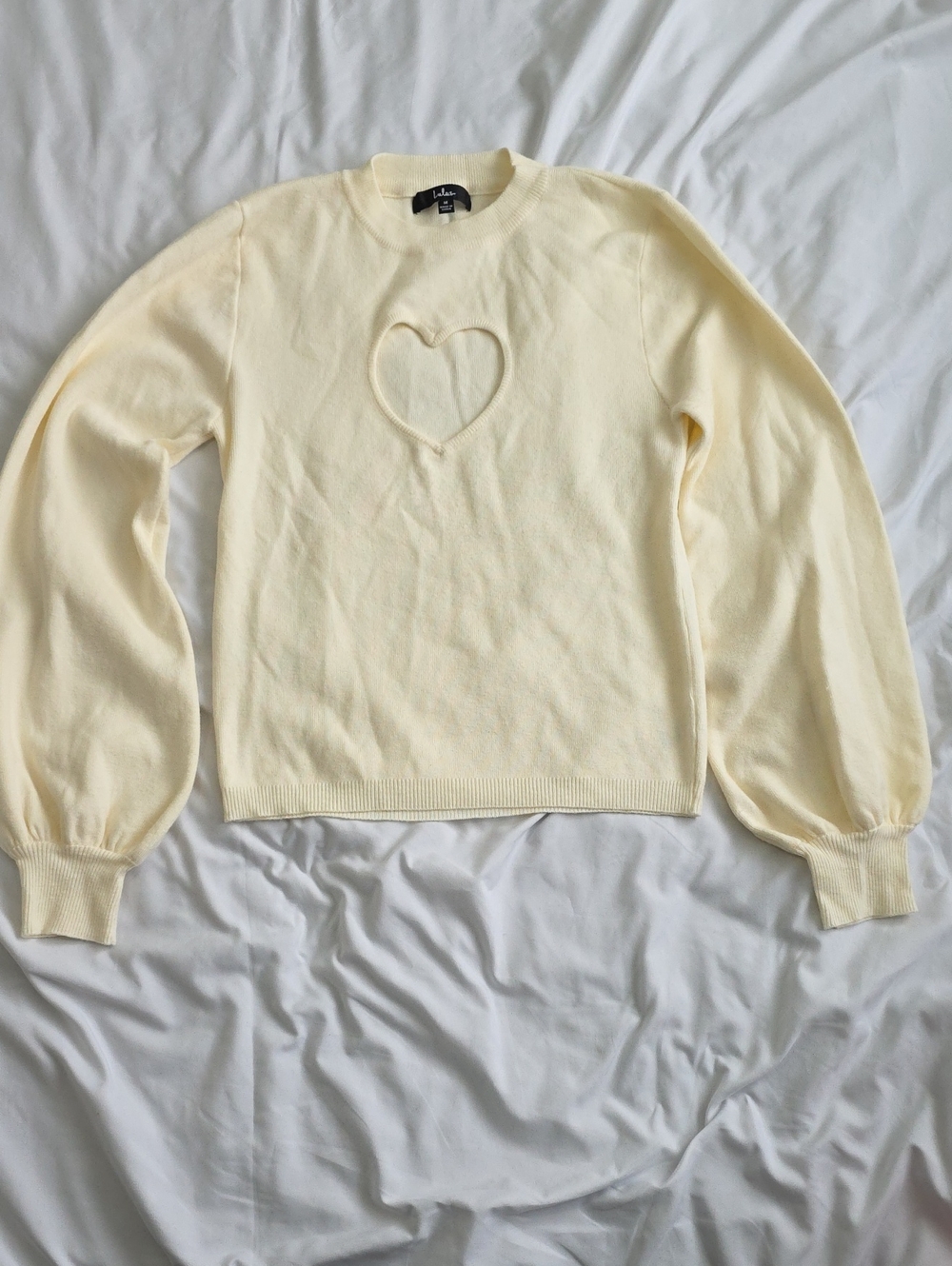Lulu's Cream Heart Cutout Puff Sleeve Sweater